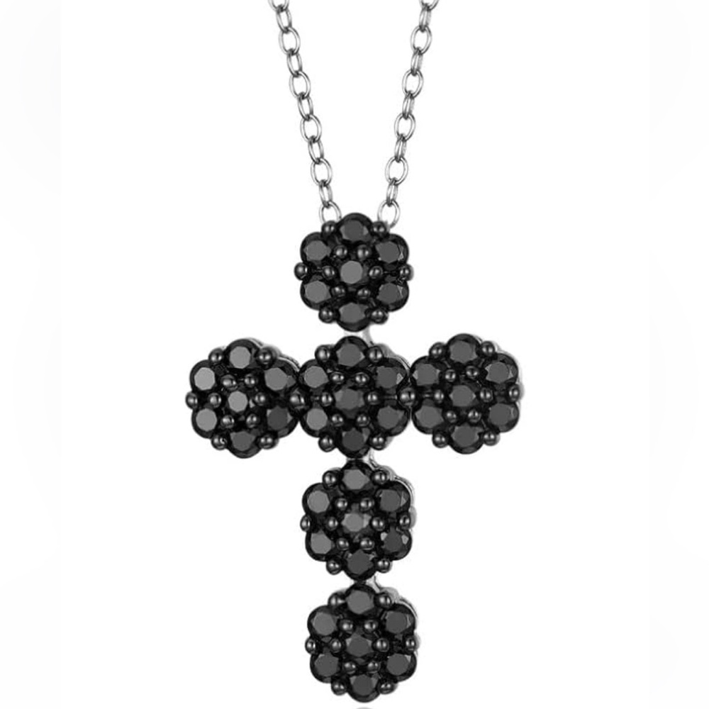 Sterling Silver and Black Spinel Cross Pendant Necklace